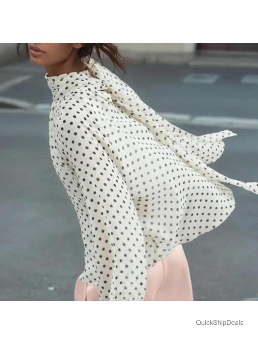 Women's Polka Dot Blouse Bow Tie Neck Long Sleeve Chiffon Tops